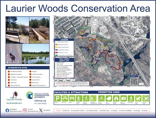Laurier Woods Conservation Area Kiosk sign with map of trails