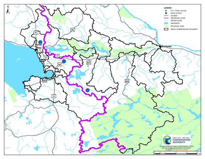 Map of watershed that includes 3 blue dots showing location of the three survey locations