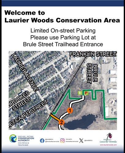 Map with directions to the parking lot at Laurier Woods Conservation Area