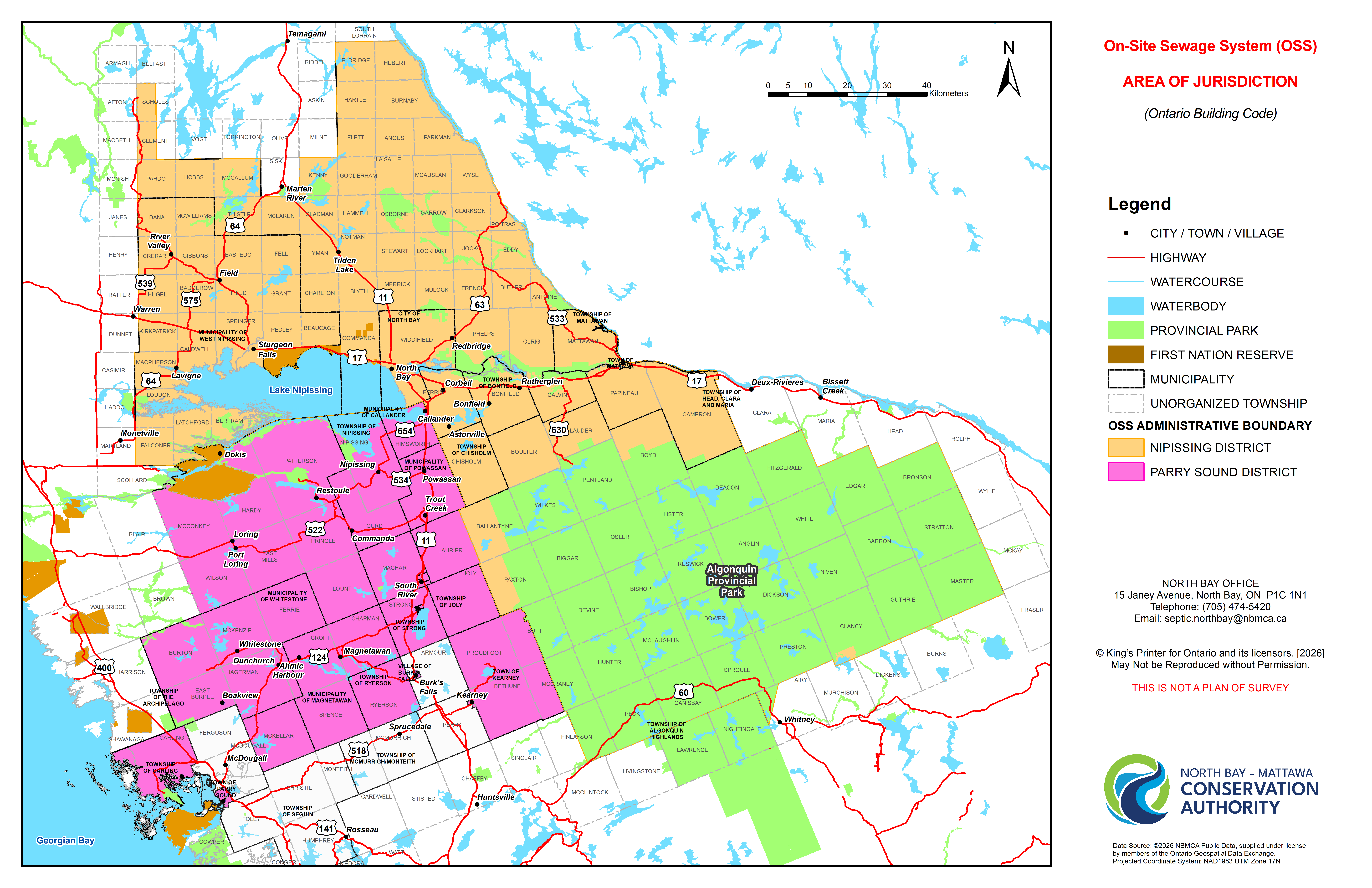 Jurisdiction map of the North Bay-Mattawa Conservation Authority On-Site Sewage System program