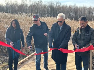 Photo of NBMCA CAO, NBMCA Chair, City of North Bay Mayor, Chair of Friends of Laurier Woods cutting ribbon to open new boardwalks at Laurier Woods Conservation Area
